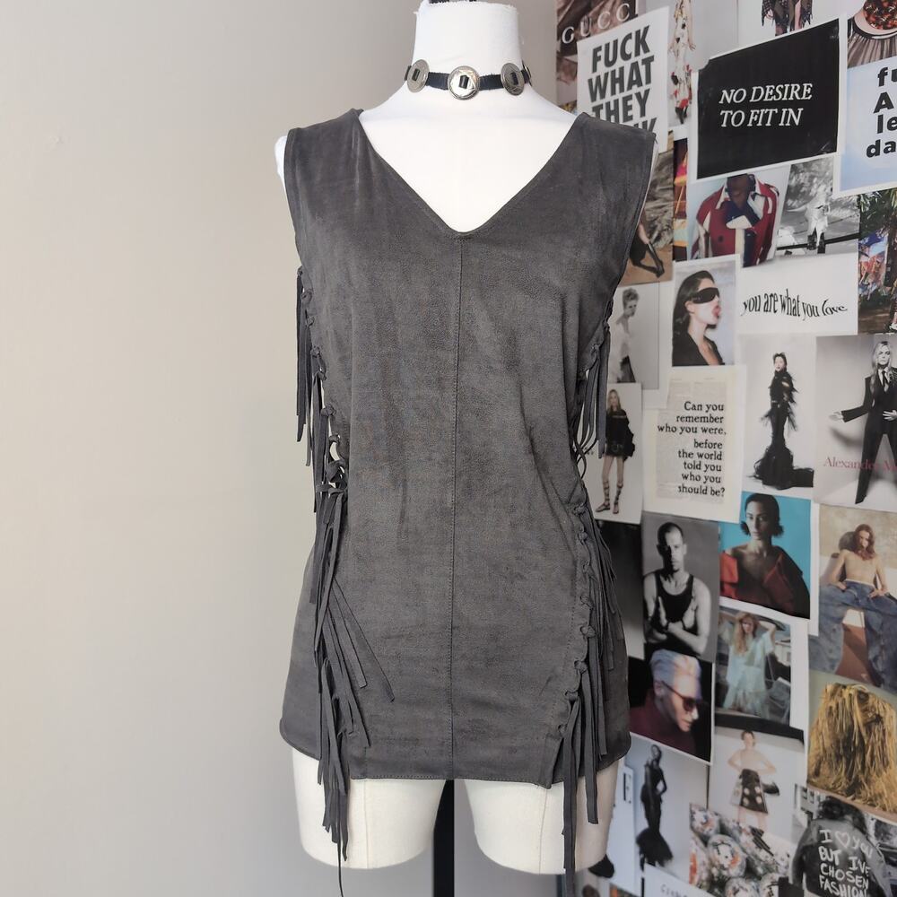 Faux Suede Fringe Western Sleeveless Top